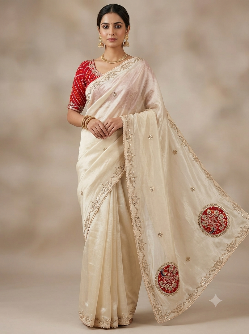 Designer Cosmo Fabric Hand Gota Patti Saree with Peacock Buta and Pure Bhandej Blouse