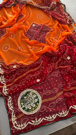 Load image into Gallery viewer, Laddu Peela 60 Gram Georgette Bandhej Saree with Peacock Butta Gota Patti Work