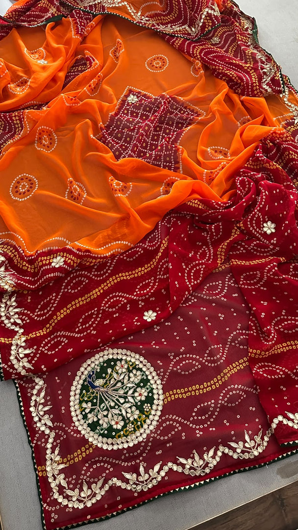 Laddu Peela 60 Gram Georgette Bandhej Saree with Peacock Butta Gota Patti Work