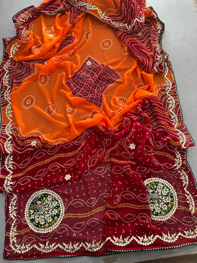 Laddu Peela 60 Gram Georgette Bandhej Saree with Peacock Butta Gota Patti Work