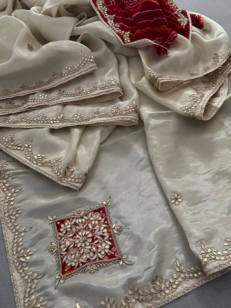 Royal Cosmos Silk Saree with Heavy Gota Patti Handwork | Pure Oseriya Bandhani Blouse | Saree Ghar Jaipur