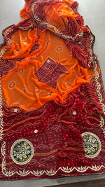 Load image into Gallery viewer, Laddu Peela 60 Gram Georgette Bandhej Saree with Peacock Butta Gota Patti Work