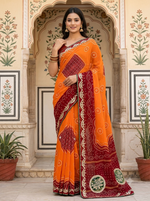Load image into Gallery viewer, Laddu Peela 60 Gram Georgette Bandhej Saree with Peacock Butta Gota Patti Work